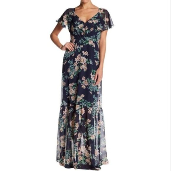 Betsey Johnson Dresses & Skirts - Betsey Johnson Flutter Sleeve Chiffon Maxi Dress with Floral Print Size: 4 New!